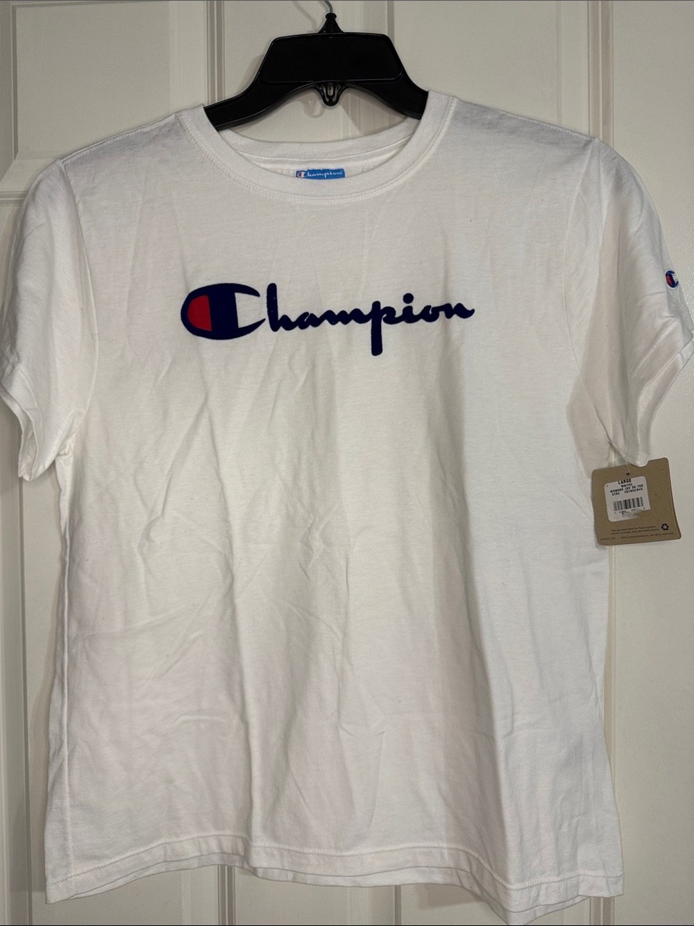Champion White Short Sleeve Tee with Navy Script and Red Accent